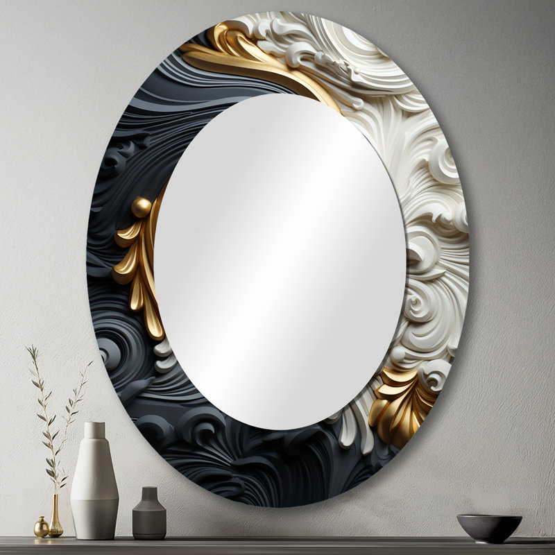 White Gold And Black Ornamental Liquid Spiral - Gold Modern Oval Wall Mirror, 43" x 33"
