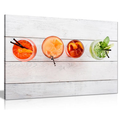Cocktails Alcohol On Wooden Background Kitchen - Wrapped Canvas Print
