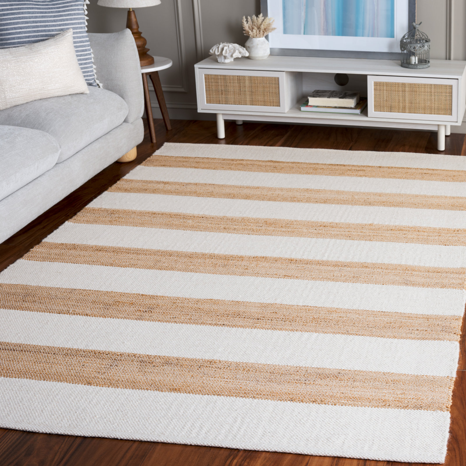 Hand-Woven Striped Jute Wool Rug, Rectangle 5' x 8'