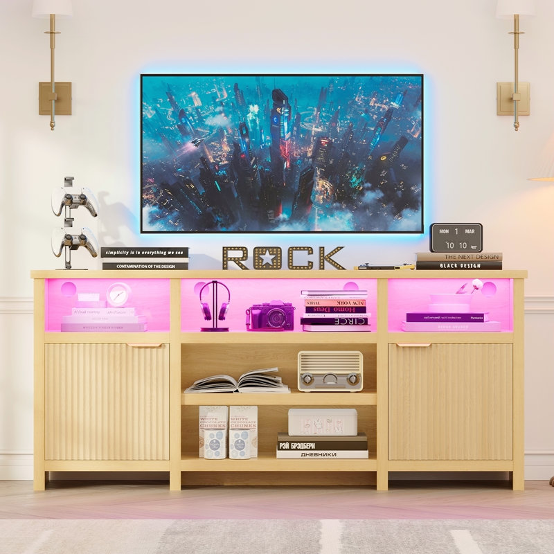 Meuble télé Highboy, meuble télé à DEL pour téléviseur de 80 po, console multimédia avec rangement pour le salon, chêne