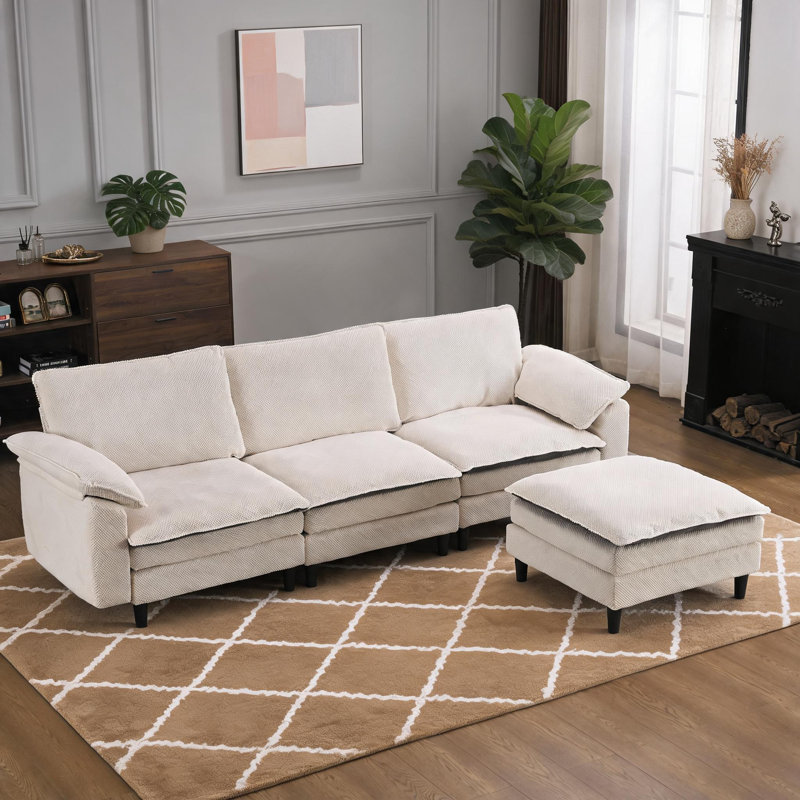 100.43-Inch Gray-White L-Shaped Cloud Sofa, Chenille Three-Seater With Ottoman, Suitable For Living Room, Bedroom, And Apartment.
