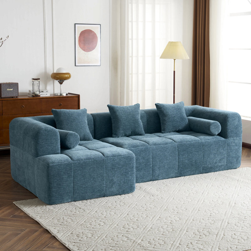 Modular Sectional Sofa with Deep Seating & 2 Side Pockets for Living Room, Blue Chenille