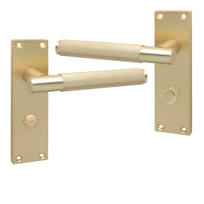 Golden Grace Victorian T-Bar Knurled Design Bathroom Lock Door Handle Set Satin Brushed Brass Finish with Screws - 150mm