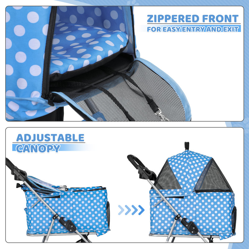 Sky Blue Polka Dot 3-in-1 Foldable Dog Stroller with Steel Frame