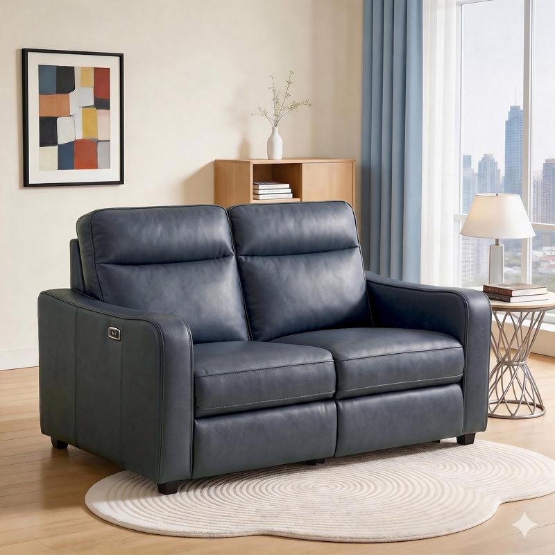 Causeuse inclinable électrique double en cuir synthétique 59 po Seawright, Accoudoirs courbés en similicuir bleu marine