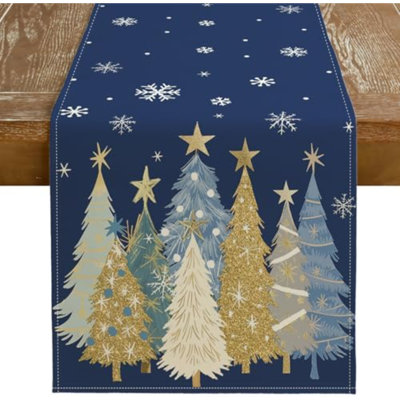Chemin de table de Noël 13 x 90 pouces, arbres de Noël, flocons de neige, décoration de table de ferme décorative pour la salle à manger de cuisine, dîner intérieur extérieur (bleu)