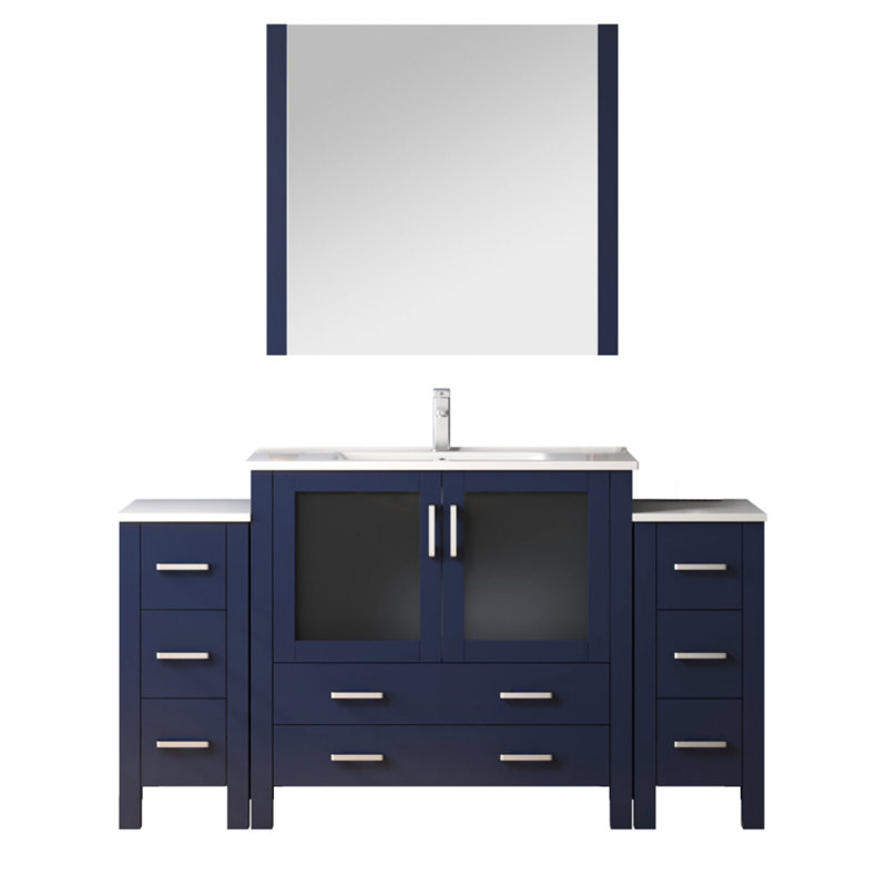 Bleu marine 60 po Meuble-lavabo W avec armoires latérales, robinet à un trou, comptoir en céramique blanche et miroir de rangement mural à longue durée de vie