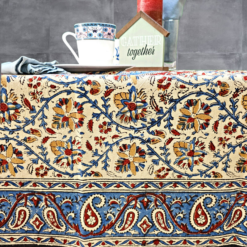Block Print Paisley Floral Tablecloth Collection, 60" L x 60" W