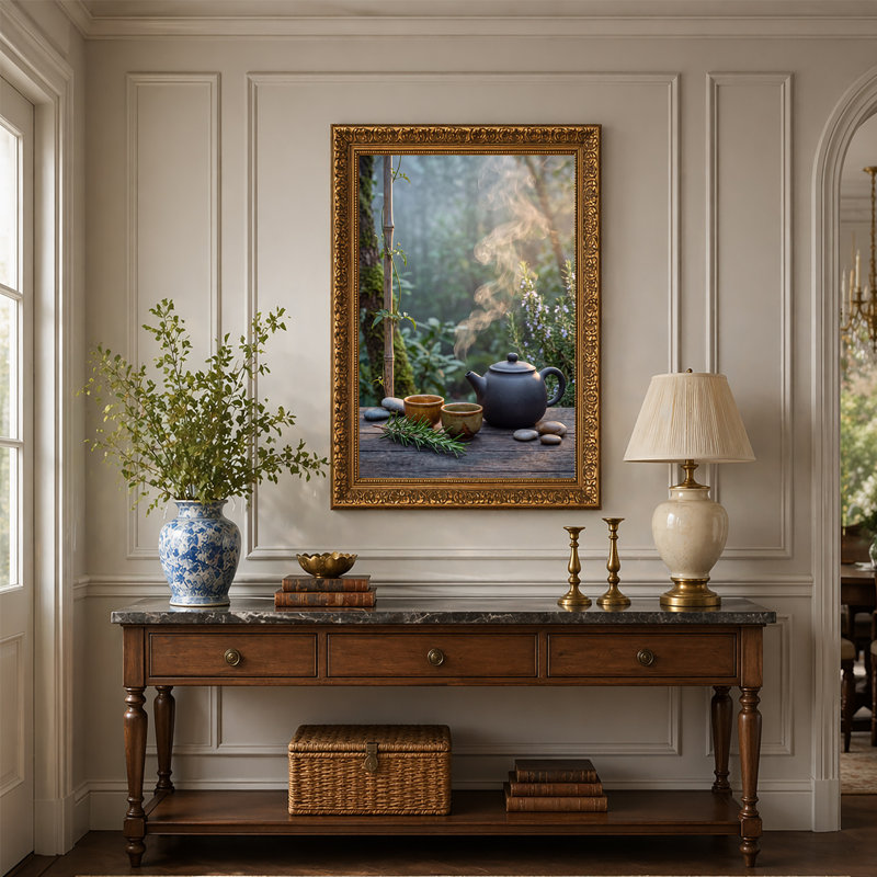 Théière noire et tasses avec romarin sur toile de table en bois, art mural, H 30 po x l 20 po