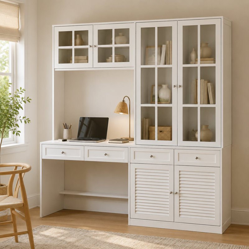Bureau multifonctionnel avec bibliothèque et vitrine intégrées - Finition blanche élégante