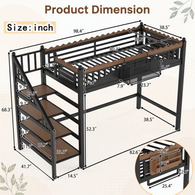 Lit simple mezzanine de taille XL avec escalier de rangement, structure de lit mezzanine en métal avec tablettes de rangement et bibliothèque, lit mezzanine pour chambre à coucher, chambre d'amis, dortoir, noir