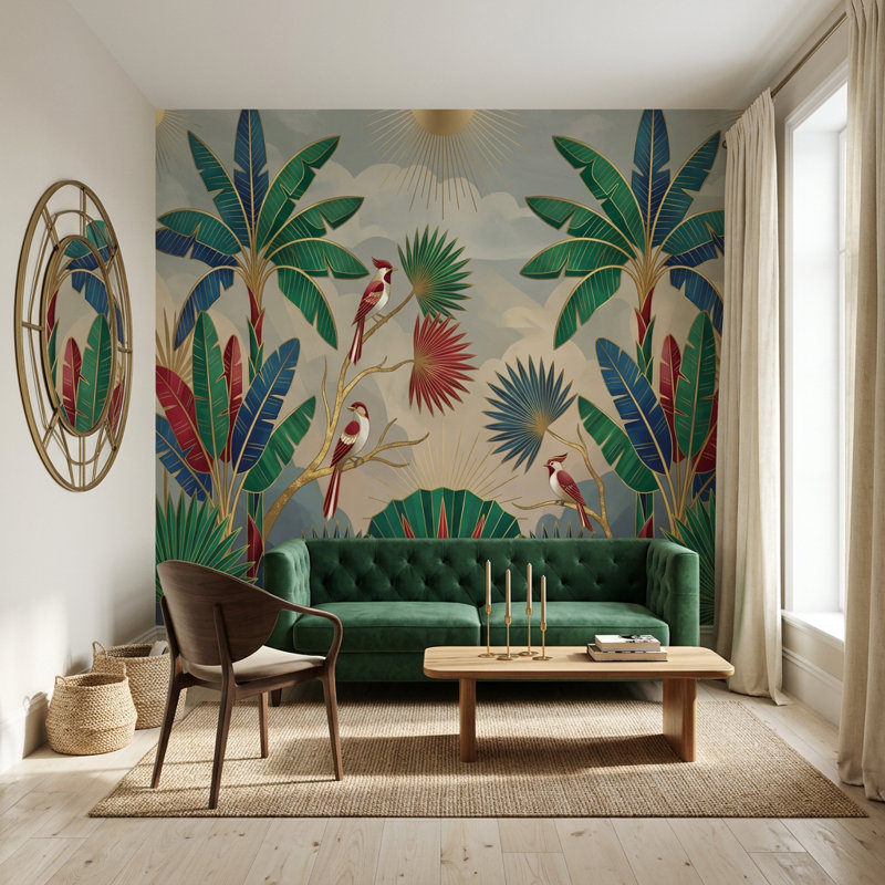 Papier peint art déco tropical avec feuilles de palmier amovibles, Textured Non-Pasted, 160 po x 108 po
