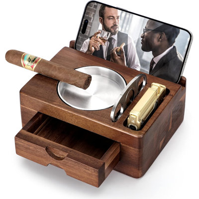 Multifunctional Natural Solid Wood Cigar Ashtray with Phone Holder & Cigar Clipper – Luxury Home Bar Gift for Cigar Lovers