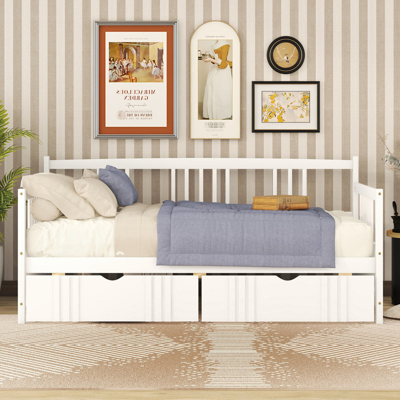 Lit de jour simple en blanc avec options de tiroirs - économise de l'espace et a l'air de deux tiroirs en bois massif idéaux pour les petits espaces de chambre à coucher
