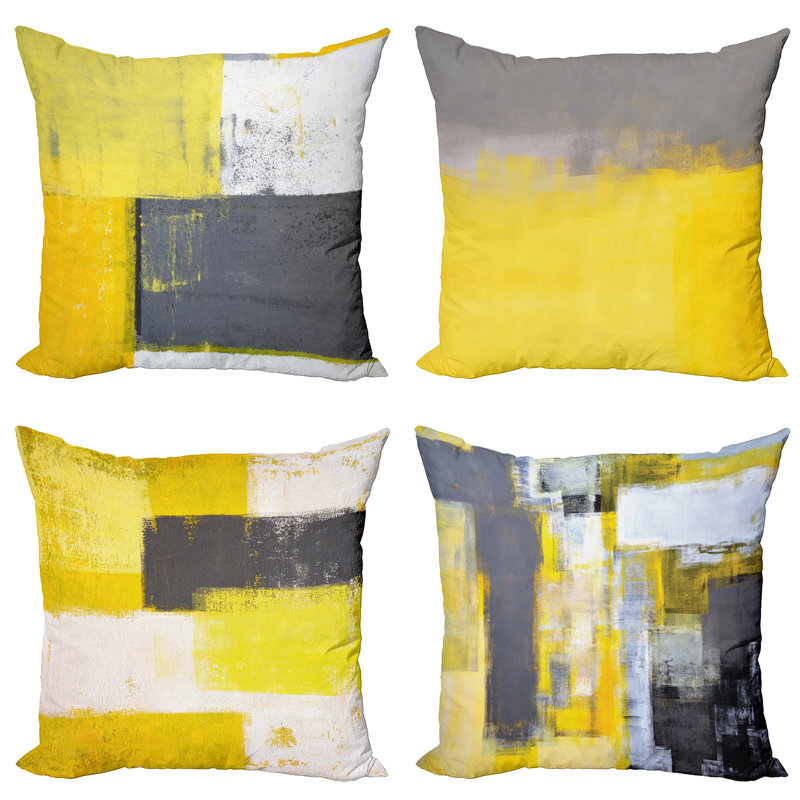Reversible Pillow Cover, 16" H x 16" W, Yellow / Grey
