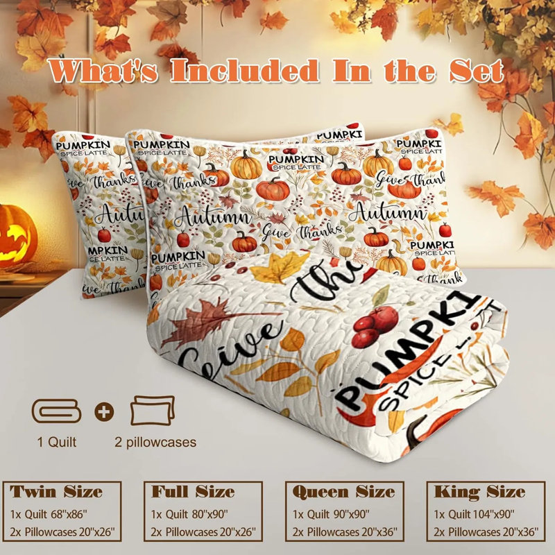 Ensemble de courtepointe citrouille à motif d'automne 3 pièces, ensemble de literie toutes saisons avec 2 taies décoratives