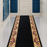 Custom Size Runner Rug Choose Your Length Flower Bordered Design Black Color