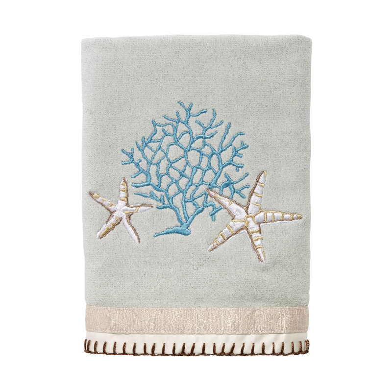 Seafoam Cotton Bath Towel with Starfish and Coral Embroidery