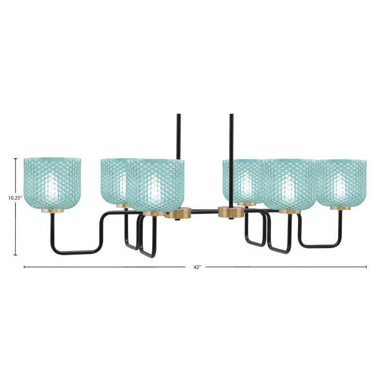 Luminaire îlot 6 lumières Amarmula, noir mat et laiton vieilli, verre texturé turquoise 6 po, Sarcelle, Noir/laiton