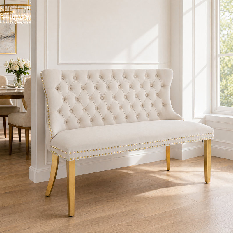 Elegant Dining Loveseat Bench – Soft Velvet Upholstery, Tufted Wingback,W/Handmade Buttons, Beige, Gold