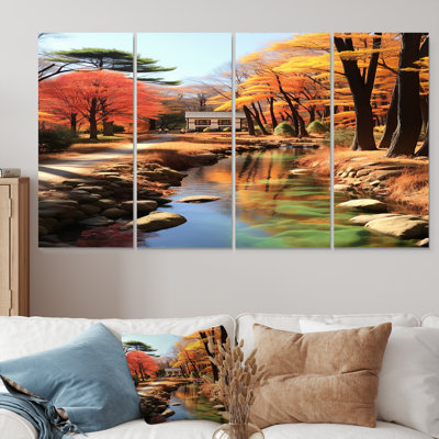 «White Cottage At The End Of Autumn River - Ensemble d'art mural campagne», 4 pièces