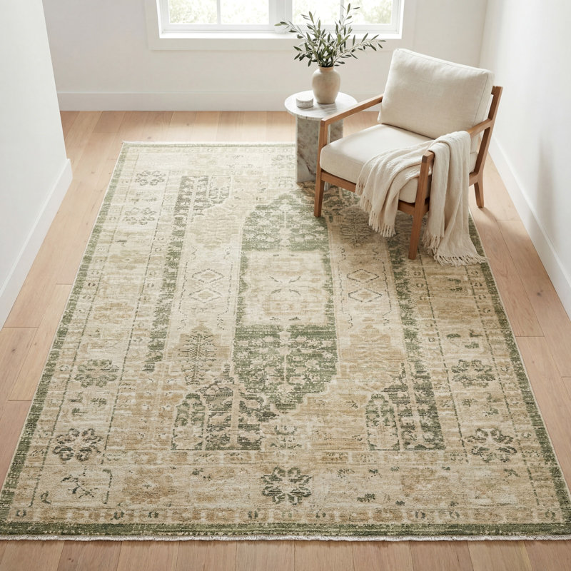 Tapis Wyline à franges vertes et dorées, style tribal mondial vieilli, Rectangle 5 pi 3 po x 7 pi 6 po