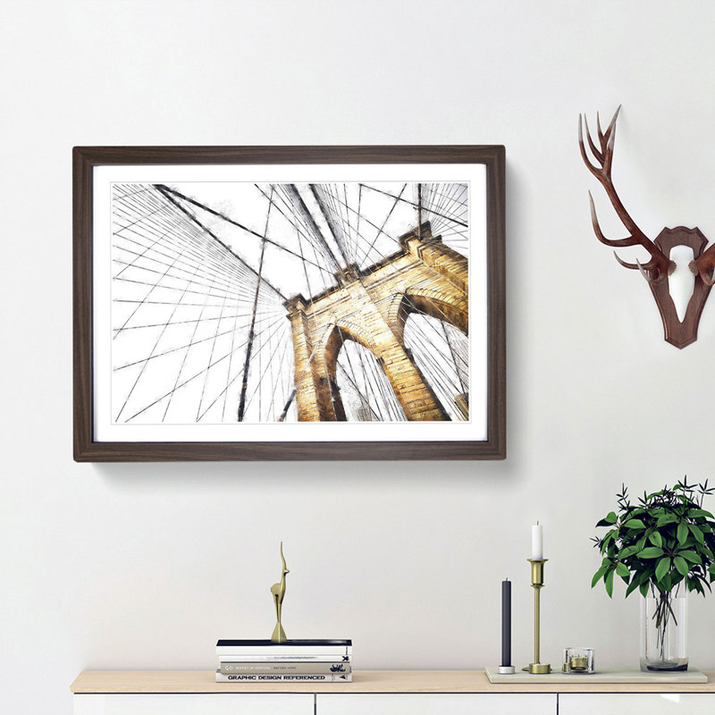 The Brooklyn Bridge in New York City - Picture Frame Painting Print, 33cm H x 45cm W x 2cm D, Walnut Framed