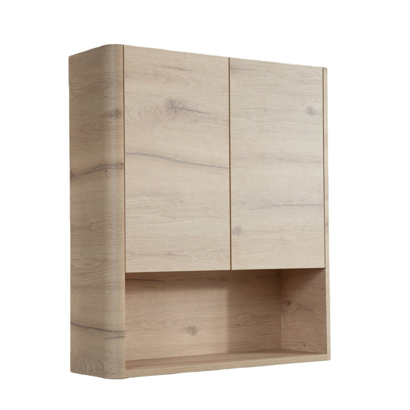 26" Wall Mounted Bathroom Storage Cabinet With Curved Edge Design, Soft-Close Doors & Open Shelf, Modern Floating Organizer For Bathroom, Laundry, Or Kitchen (White Oak / Beige)