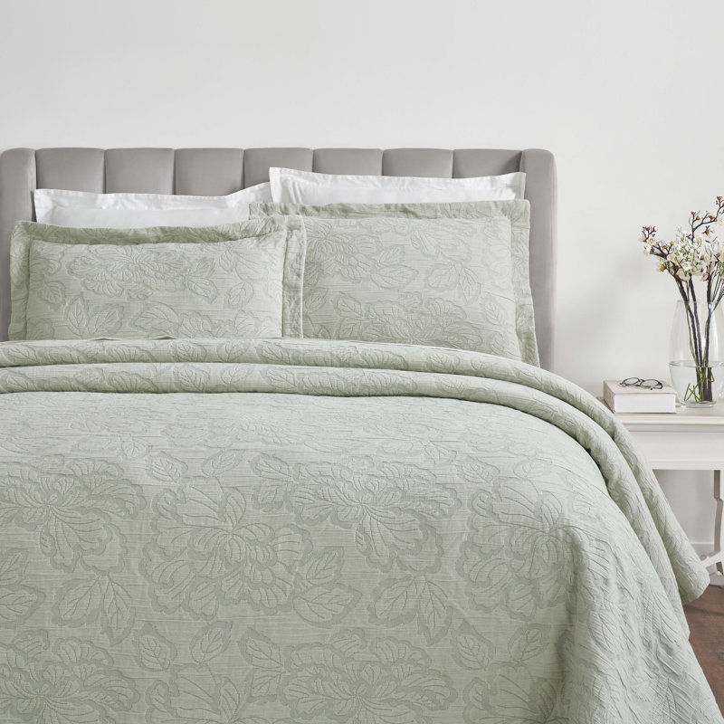 Hibiscus Cotton Medium Weight Matelasse Woven Floral Bedspread Set, Sage, Full Bedspread + 2 Standard Pillowshams
