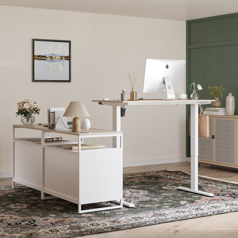 Normandie 66.1'' W Height Adjustable L-Shaped Standing Desk with and Cabinet, White