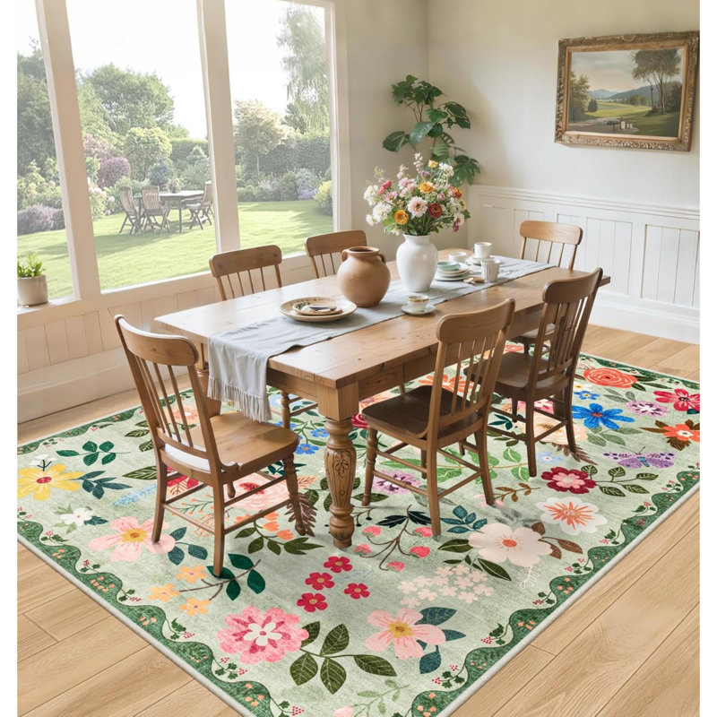 Tapis de salon: tapis lavable à motif floral, tapis antidérapant Boho, antidérapant, intérieur, à poils courts, pour chambre à coucher, salle à manger, maison de ferme, couloir, bureau à domicile