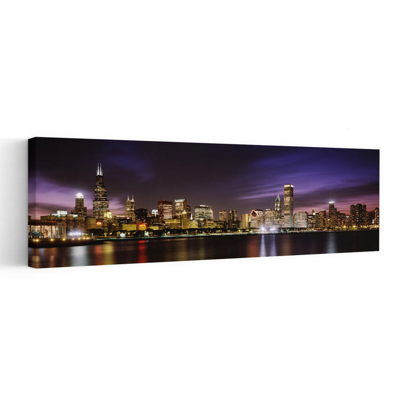 Buildings at the waterfront lit up at night Sears Tower Lake Michigan Chicago Cook County Illinois USA 1 Piece Wrapped Canvas Panoramic Wall Art