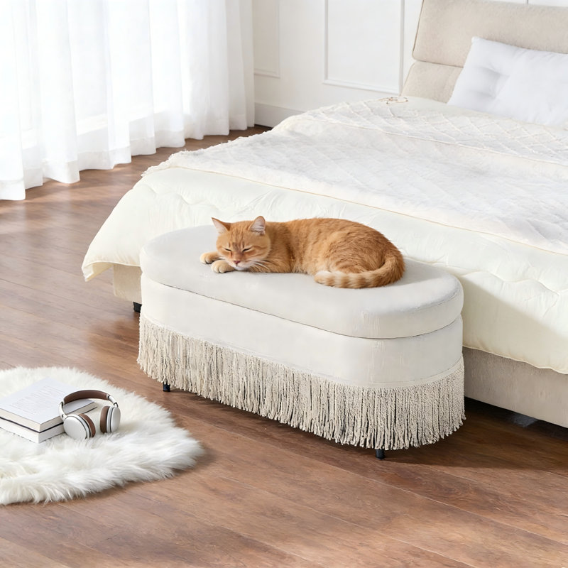 Banc de rangement ovale rembourré à franges, Beige