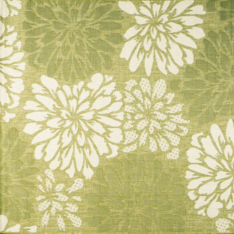 Zinnia Modern Floral Textured Weave Green/Cream Indoor/Outdoor Rug, Square 5'3"