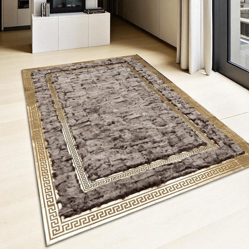 Véritable tapis toscan en cuir véritable fait à la main avec bordure dorée, Rectangle 6 pi x 9 pi