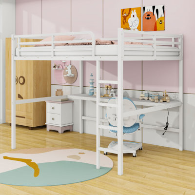 Grand lit mezzanine en métal avec bureau intégré, charge USB et éclairage DEL