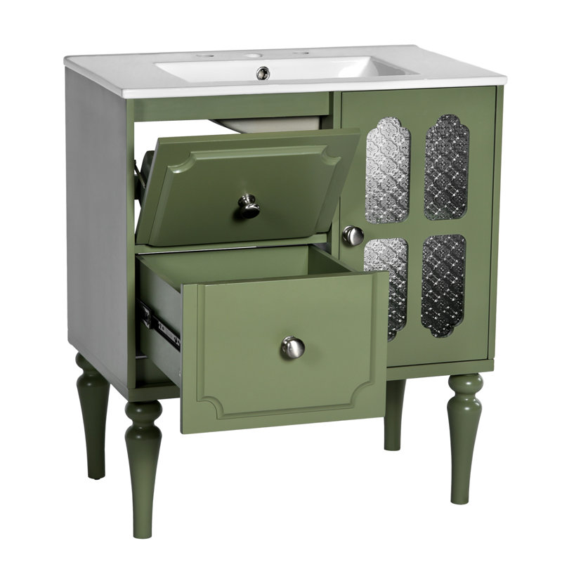 Green Solid Wood Freestanding Bathroom Vanity with Resin Sink