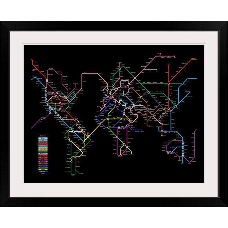 «World Metro Map» par Bellen, impression, Cadre noir, H 20 po x l 24 po x P 1 po