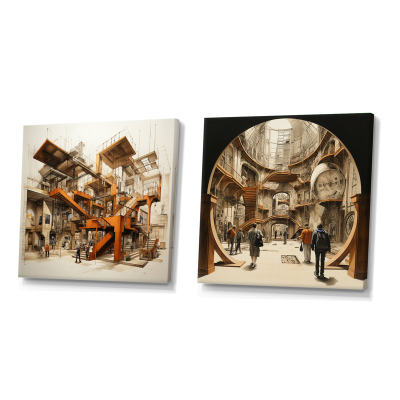 Musées, dessin d'analyse - Ensemble de 2 carrés de musée, Toile tendue, H 16 po x l 33 po