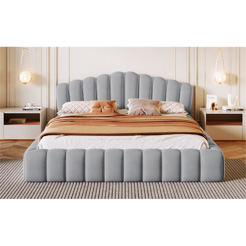 Velvet Upholstered Queen Bed Floor Bed Frame Shell-Shaped Headboard For Bedroom,No Box Spring Needed,Light Blue, Light Blue