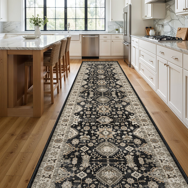Washable Hallway Rug: Non Slip Rugs with Rubber Backing Soft Kitchen Rug Farmhouse Distressed Carpet Runner for Living Room Bedroom Bathroom (Black)