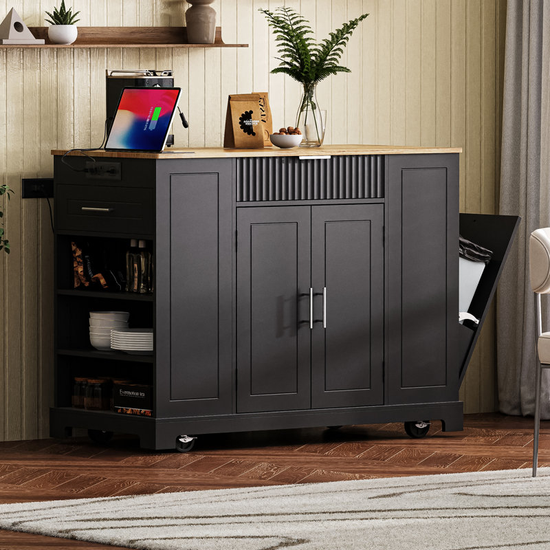 Kitchen Island With Trash Can, Rolling Kitchen Island With Power Outle Rolling Kitchen Islands Cart On 5 Wheels With 3 Drawer, 3 Open Side Racks For 10 Gallon Garbage Bin
