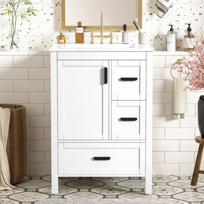 Meuble-lavabo moderne de 24 pouces avec lavabo en céramique, porte à fermeture douce, tablette de porte à double couche et 3 tiroirs