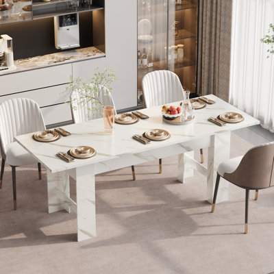 Rectangular Modern Marble-Effect Foldable Dining Table