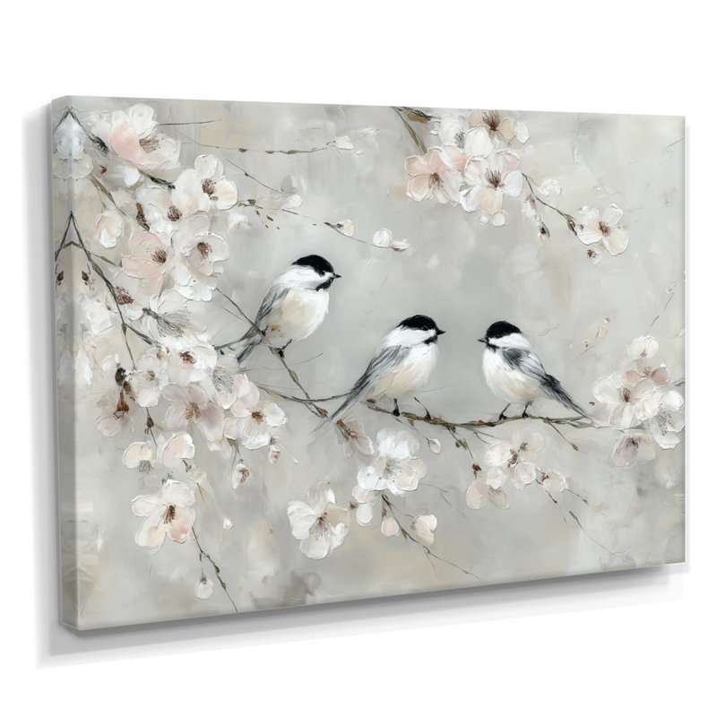 Inséparable chantant sur une branche de cerisier en fleurs, H 16 po x l 32 po, Toile tendue, Ne s’applique pas