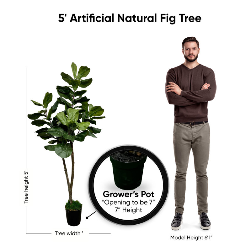 Handmade Artificial Fig Tree with Real Wood, 60'' H x 24'' W x 24'' D