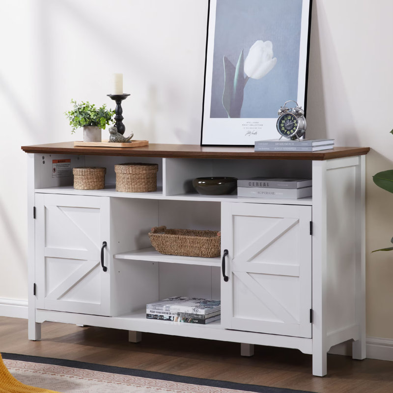 Buffet de 58 po, armoire de rangement blanche antique avec tablettes réglables et portes de grange, table basse de bar multifonctionnelle pour l'entrée de la salle à manger, blanc