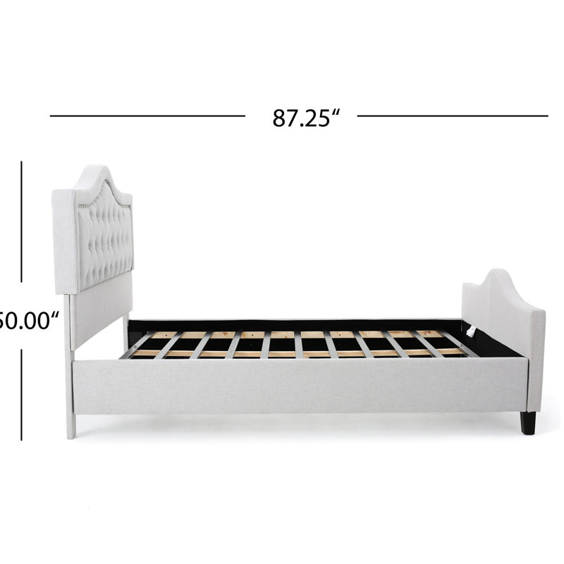 Grand lit plateforme tapissier gris, tête de lit arquée et tête de clou décorative, bouton, pas de sommier tapissier requis, garniture élégante facile à installer, sans assemblage