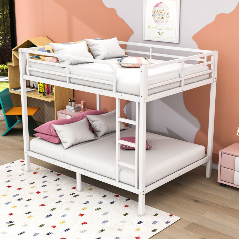 Metal Bunk Bed With Guardrails And Ladder, Full Over Full, White