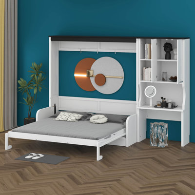 Grand lit escamotable mural pour petits espaces, lit pliable convertible avec canapé et bureau intégrés, armoire de rangement moderne